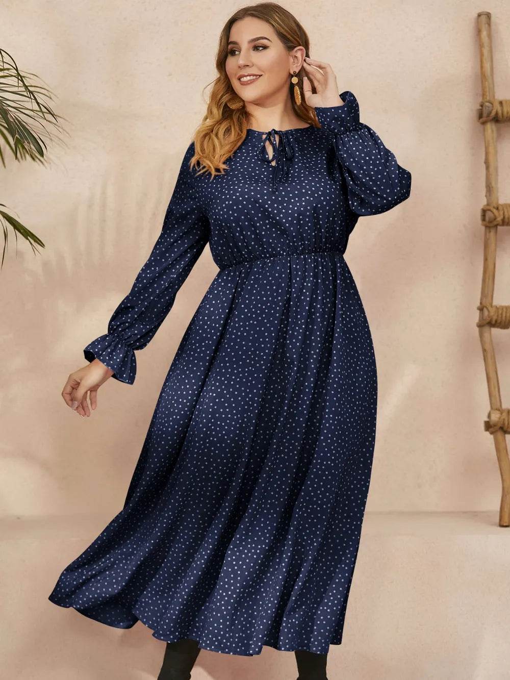Honey Plus Size Ruffled Polka Dot Long Sleeve Midi Dress - Store 42