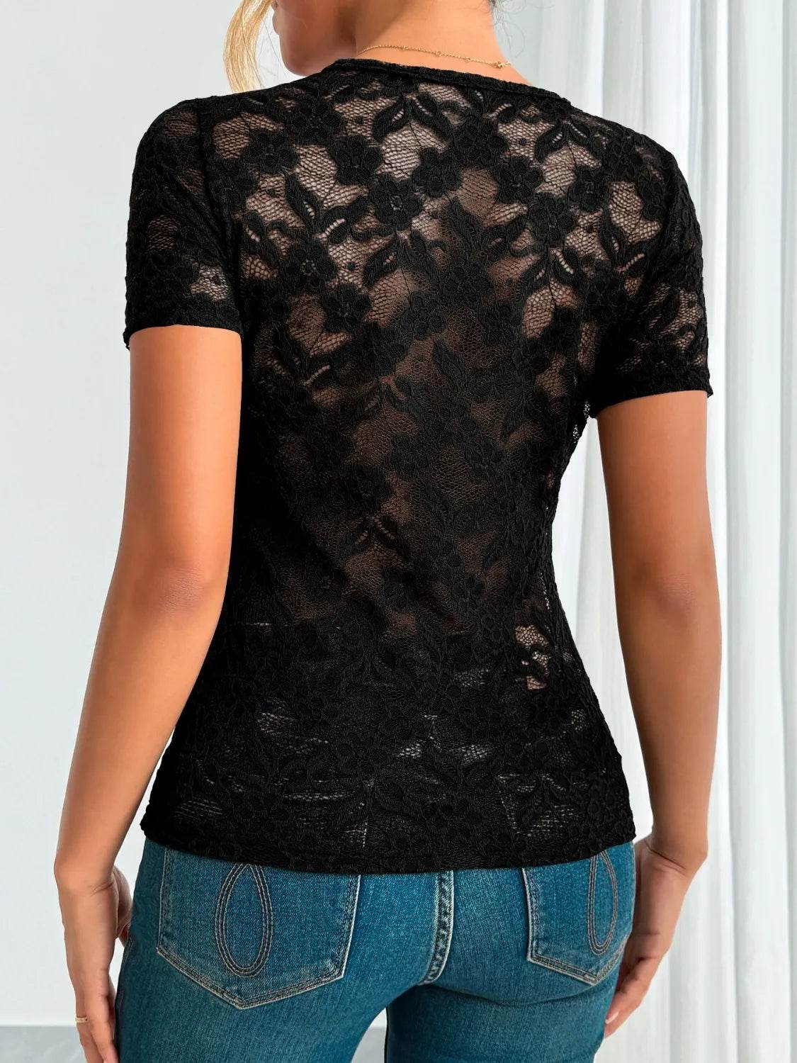 Sheer Lace V-Neck Short Sleeve Top for Women - Slightly Stretchy, Elegant Style - Store 42