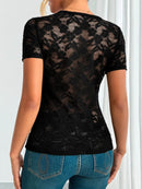 Sheer Lace V-Neck Short Sleeve Top for Women - Slightly Stretchy, Elegant Style - Store 42