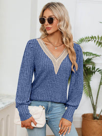 Lace Detail V-Neck Blouse with Ribbed Texture - Opaque, Slightly Stretchy Fabric - Store 42