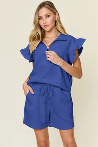 Double Take Full Size Texture Flounce Sleeve Top and Drawstring Shorts Set Royal Blue