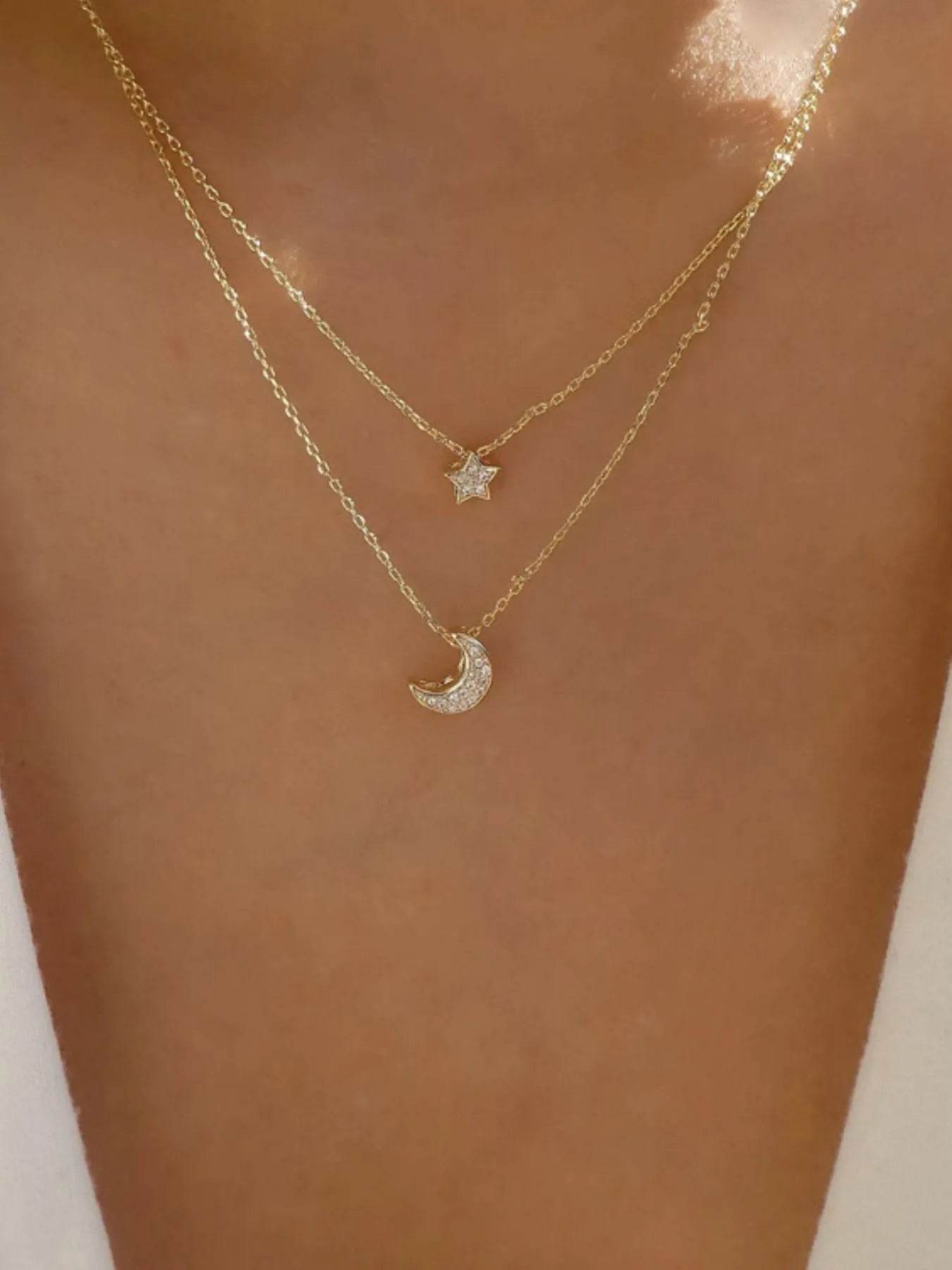 Elegant Double Layer Star And Moon Pendant Necklace - Celestial Gold-Plated Jewelry