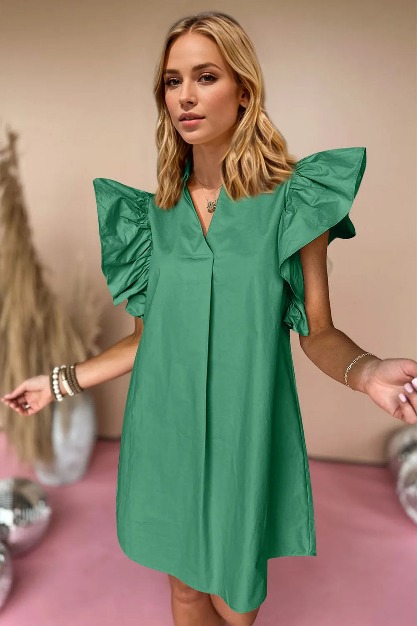 Oh Ruched Johnny Collar Cap Sleeve Mini Dress - 100% Cotton, Opaque, Perfect for Summer Style