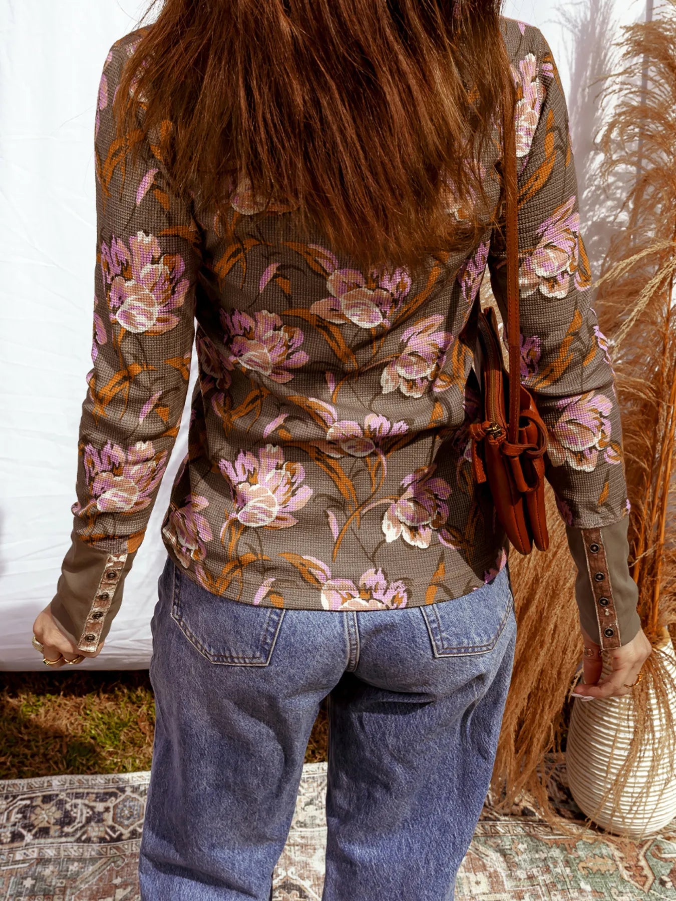 Waffle Textured Floral Print Long Sleeve Top for Women - 100% Polyester, Slightly Stretchy