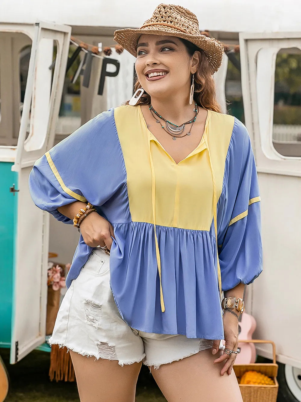 Plus Size 100% Viscose Ruched Tie Neck Balloon Sleeve Blouse - Opaque & Elegant