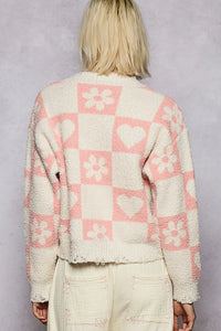 POL V-Neck Heart Pattern Checkered Sweater