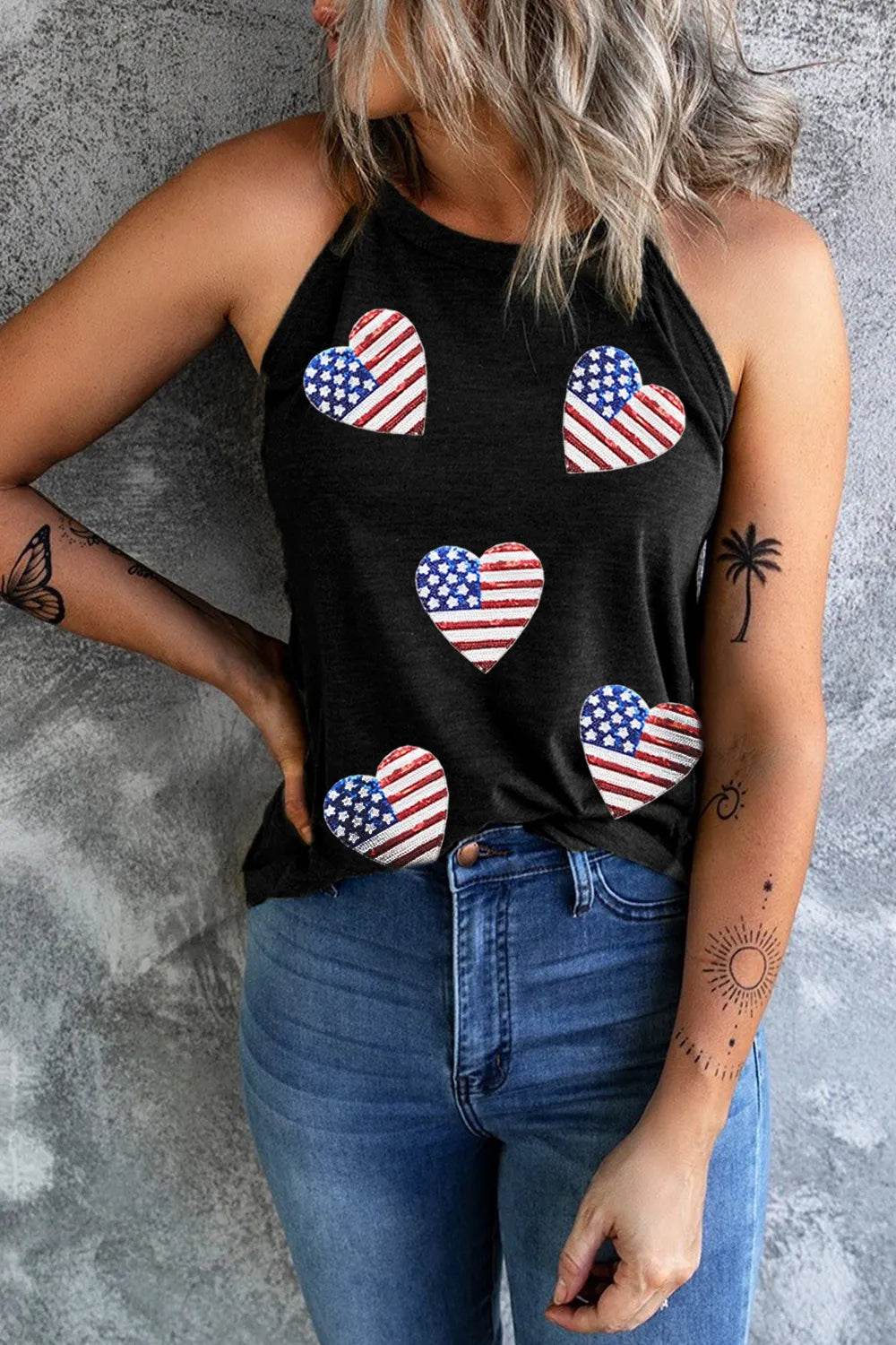 Heart US Flag Round Neck Grecian Neck Tank Top with Sequin Detail - Stylish & Comfortable Fit