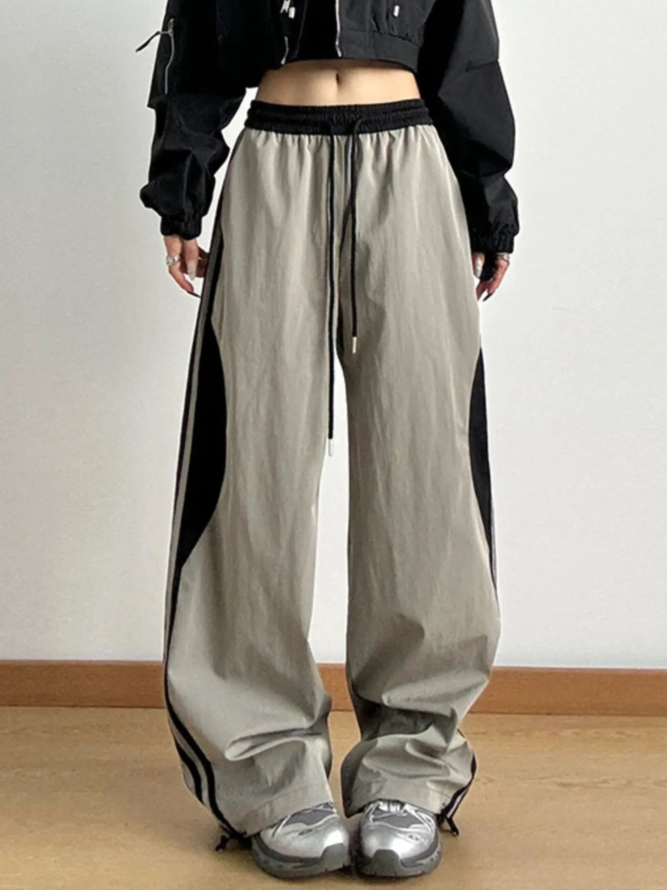 Trendy Striped Wide Leg Drawstring Pants with Pockets - 100% Polyester, Machine Washable
