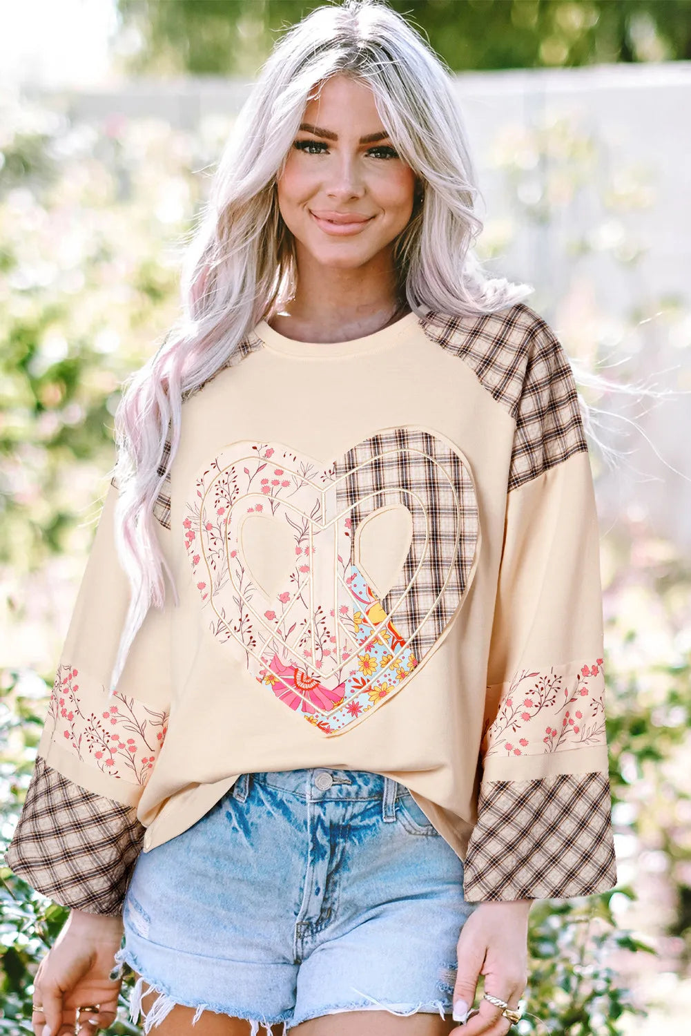 Heart Plaid Long Sleeve Blouse - Opaque, Slightly Stretchy, 85% Polyester, Sizes S-XL