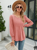 Stylish Smocked Round Neck Blouse With Lantern Sleeves - Opaque 65% Rayon, 35% Polyester - Store 42