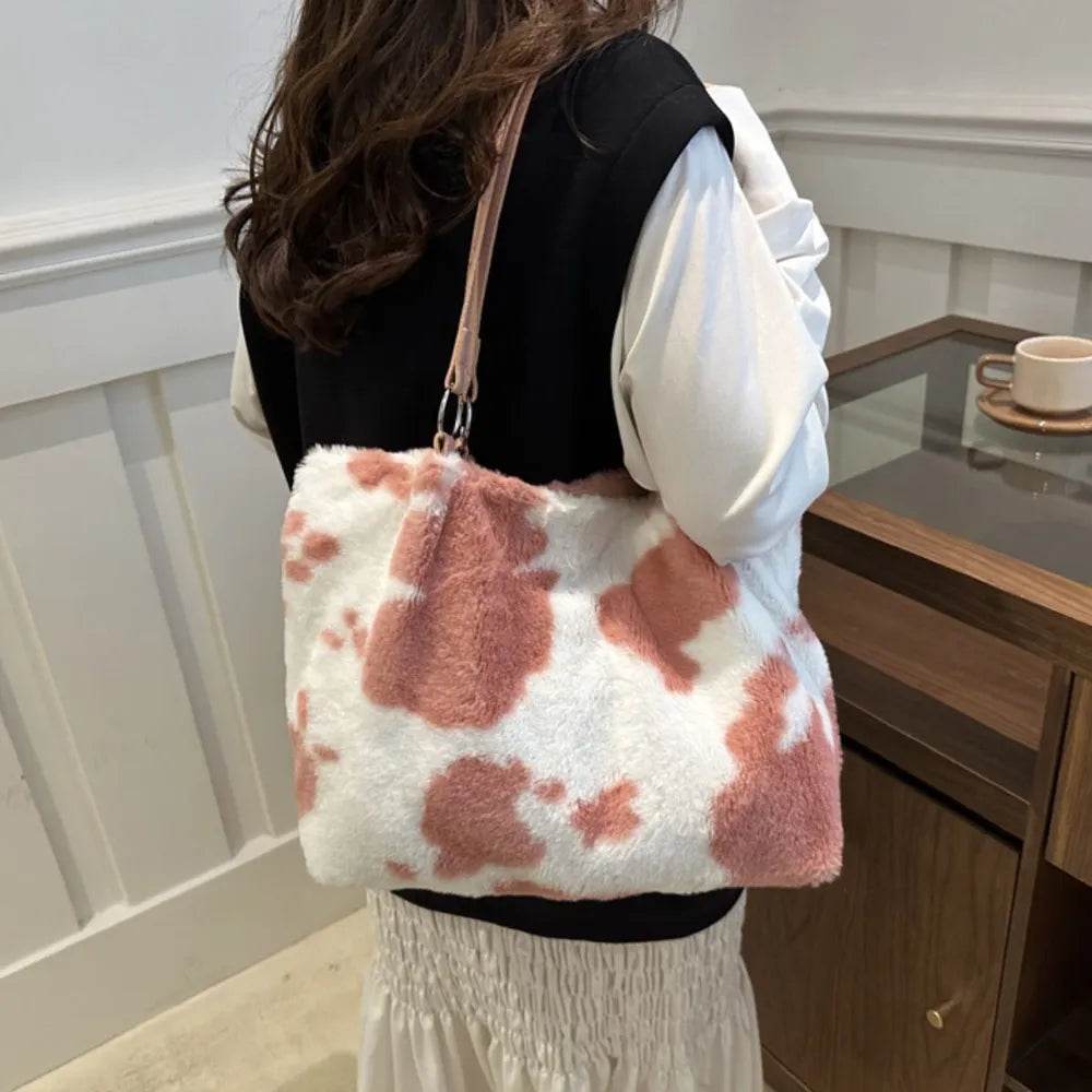 Large Cow Print Furry Tote Bag - Stylish Faux Fur, PU Leather, and Polyester Material - Store 42