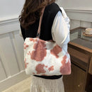 Large Cow Print Furry Tote Bag - Stylish Faux Fur, PU Leather, and Polyester Material - Store 42