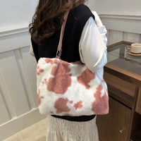Large Cow Print Furry Tote Bag - Stylish Faux Fur, PU Leather, and Polyester Material - Store 42