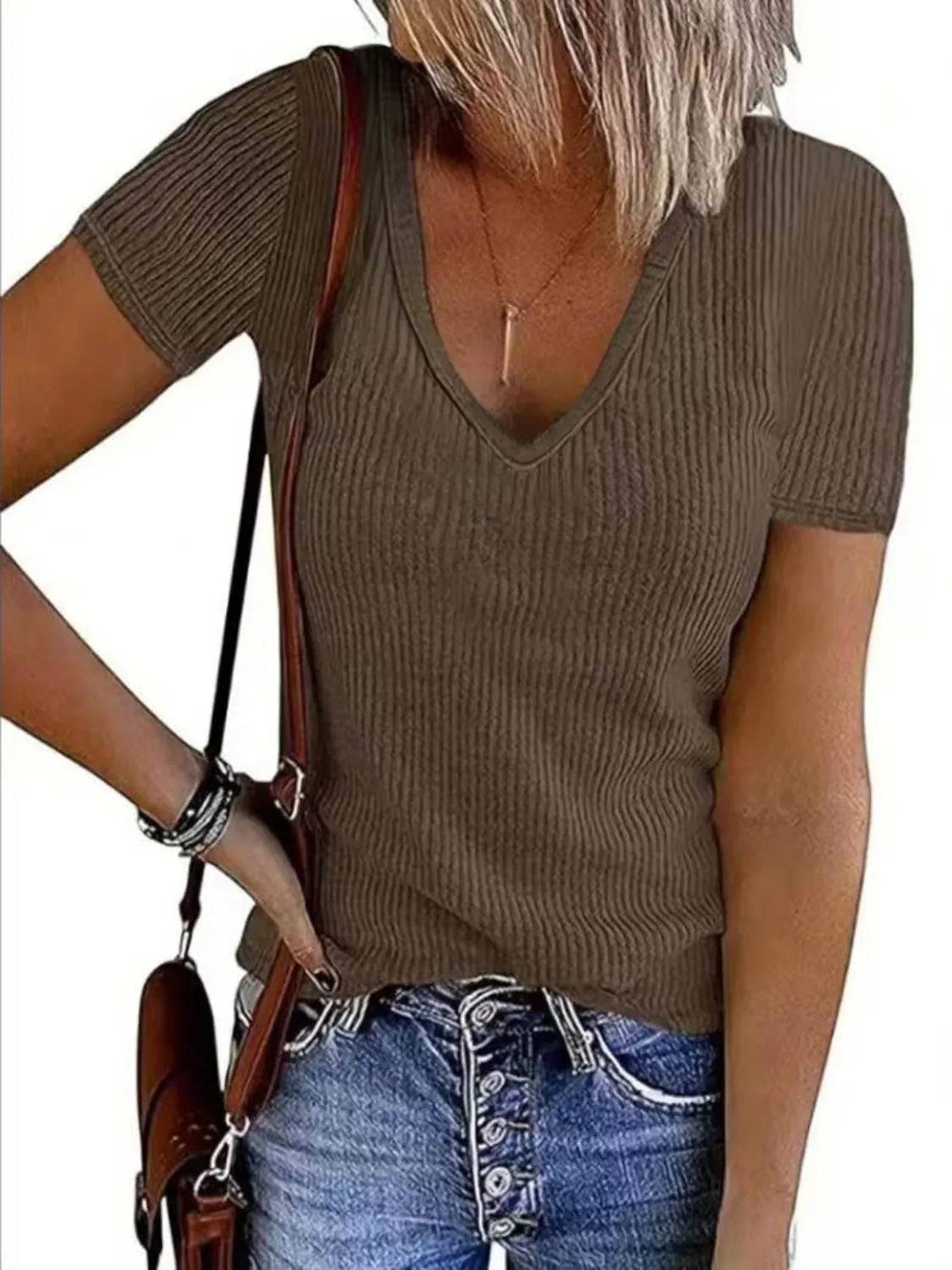 Trendy Solid V-Neck Short Sleeve T-Shirt - Slightly Stretchy, 95% Polyester, 5% Spandex