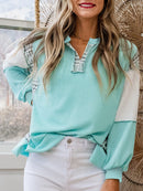 Color Block Plaid Notched Long Sleeve Top