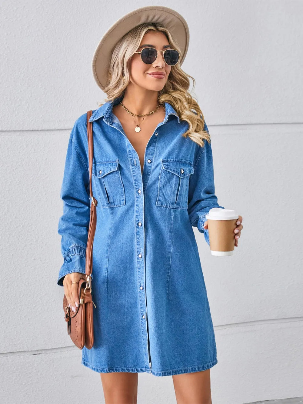 Mini Denim Dress With Pocketed Dropped Shoulders, 100% Rayon, Machine Washable