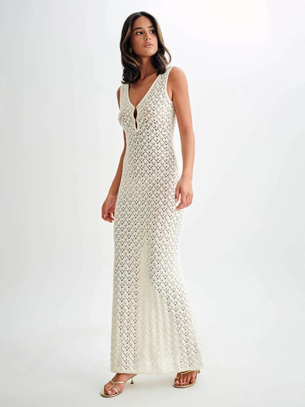 Trendy Openwork Sleeveless Maxi Dress with Sheer Design and Moderate Stretch, 100% Polyester