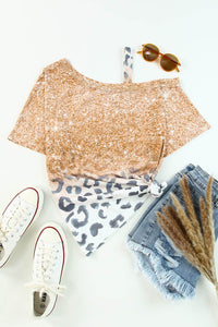 Leopard Print Asymmetrical Neck Cold-Shoulder Blouse with Short Sleeves - Casual Chic Style - Store 42