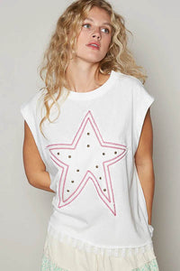 POL Star Patch Studded Sleeveless T-Shirt with Lace Hem - Store 42