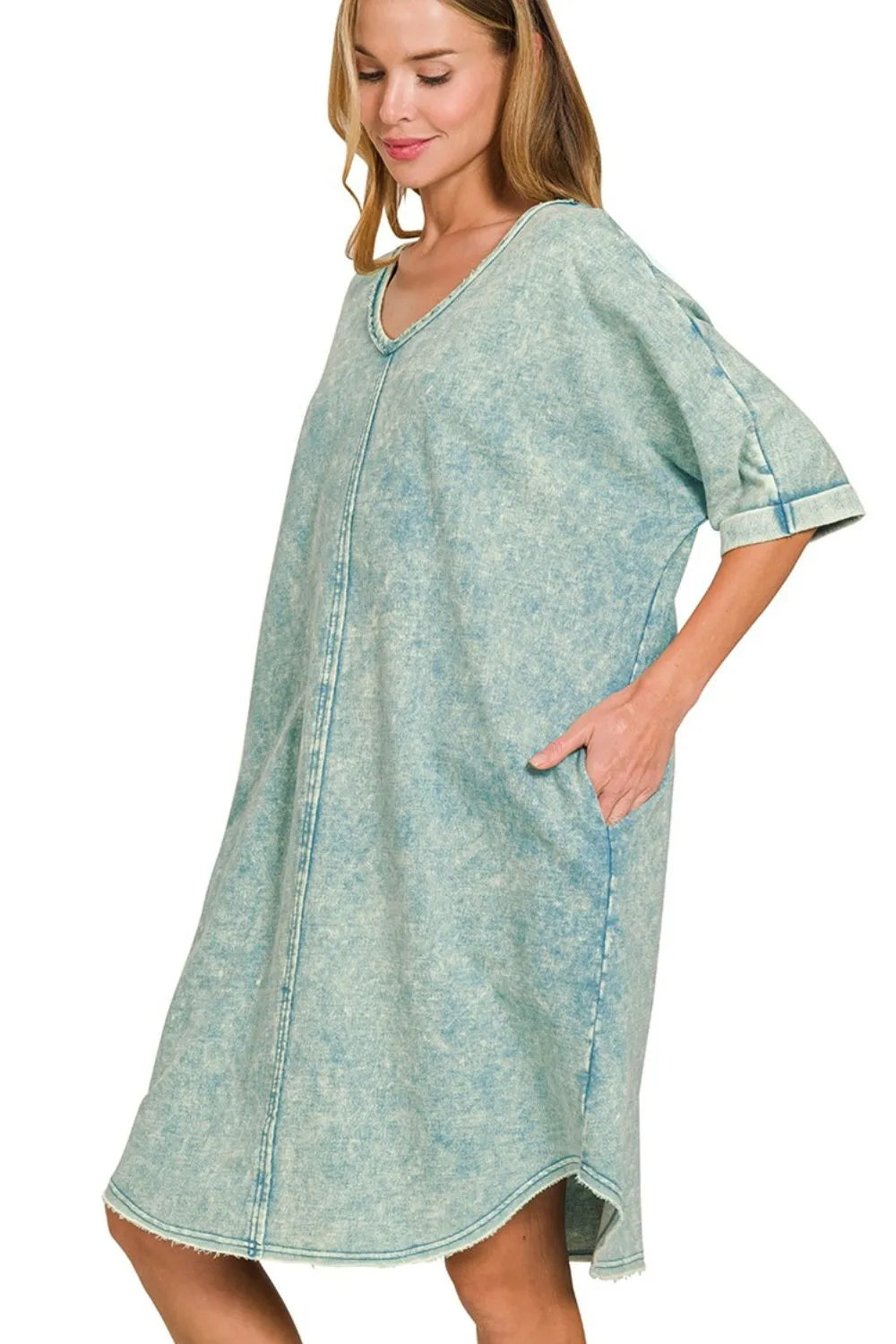 Zenana Sage Green Acid-Washed French Terry T-Shirt Dress with Pockets & V-Neckline