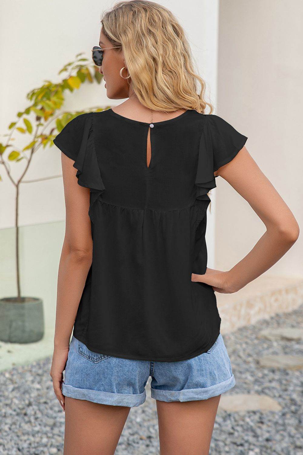 Ivy Lane Ethnic Print Flutter Sleeve Top - Cap Sleeve, Rayon, Slightly Stretchy