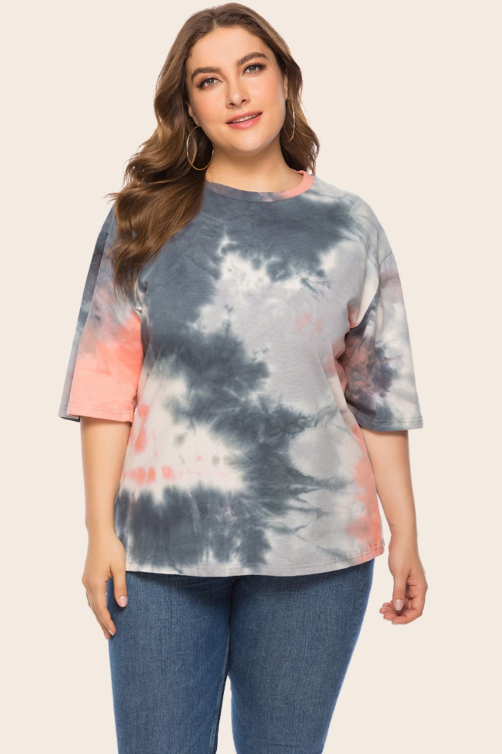 Plus Size Casual Tie-Dye Half Sleeve Tee Shirt with Round Neck and Dropped Shoulders