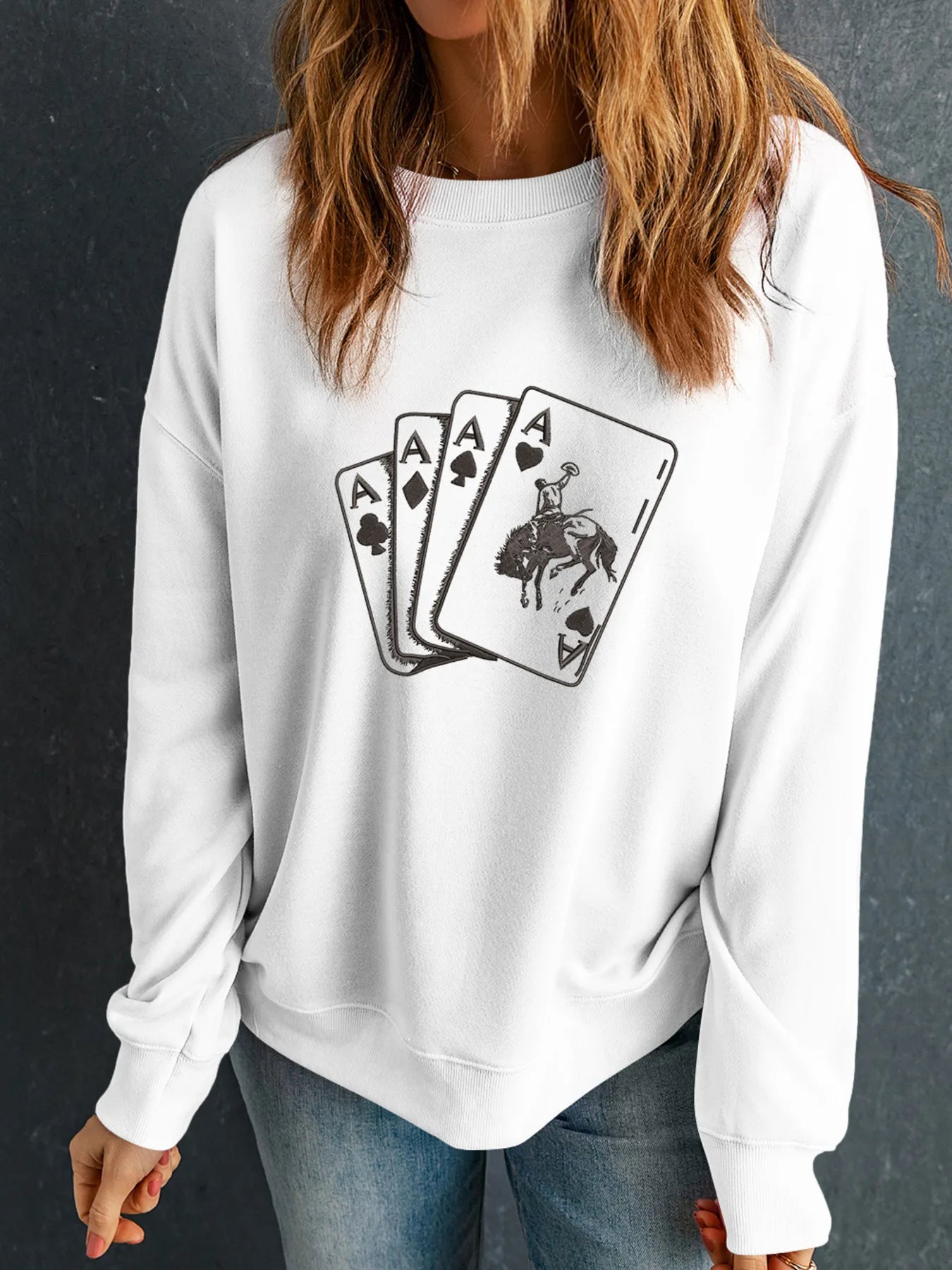 Ace Card Cowboy Graphic Long Sleeve Sweatshirt - Comfortable Stretch Blend for Casual Style