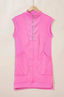 Quarter Zip Pocketed Cap Sleeve Sweatshirt Dress