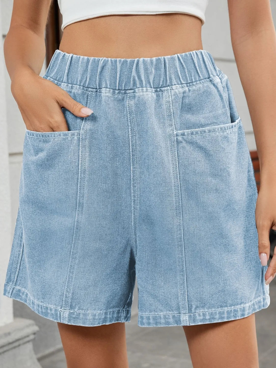 Women’s Pocketed Elastic Waist Denim Shorts - 95% Rayon, No Stretch, Machine Washable