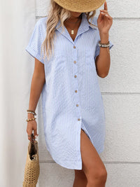 Striped Button Down Short Sleeve Mini Dress
