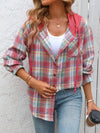 Plaid Button-Up Hooded Shirt Red