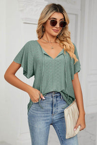 Trendsi Casual Eyelet Tie-Neck Flutter Sleeve Top in Solid Color - Slightly Stretchy V-Neck Design - Store 42