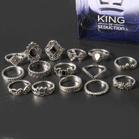 15-Piece Vintage Alloy Ring Set with Synthetic Black Sapphire | Unique Boho Accessories - Store 42