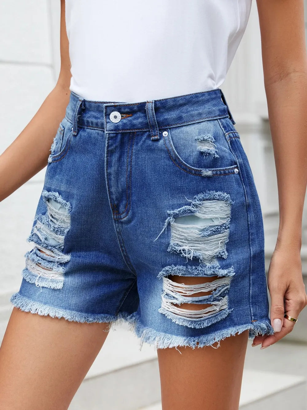 Trendy Distressed Raw Hem Denim Shorts - Slightly Stretchy, Soft Rayon Blend