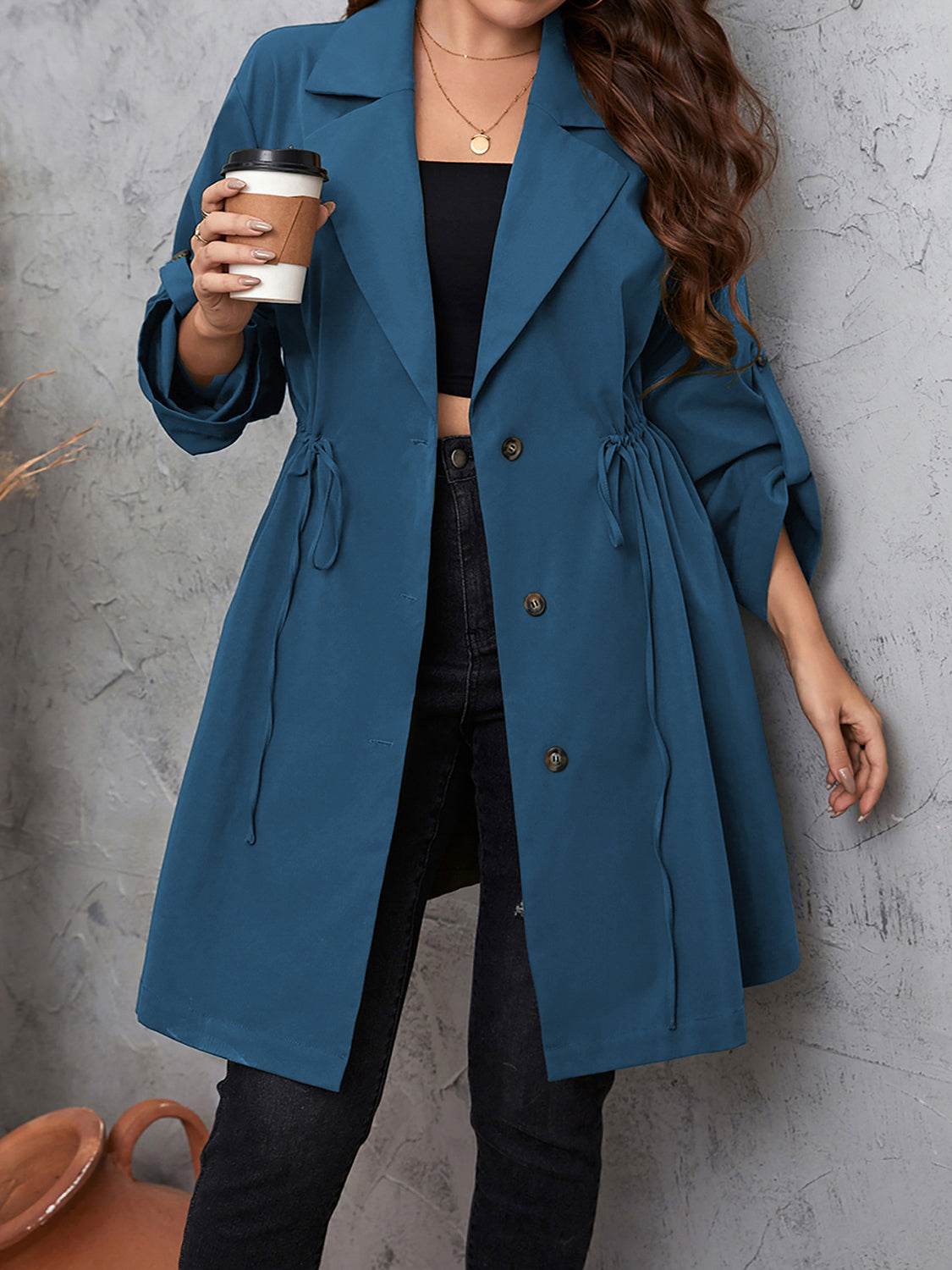 Honey Plus Size Lapel Collar Drawstring Roll-Tab Sleeve Trench Coat - Store 42
