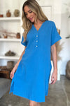 FAM-FAM Slit Notched Short Sleeve Mini Dress Blue