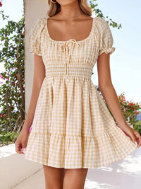 Gingham Smocked Puff Sleeve Summer Dress Light Yellow