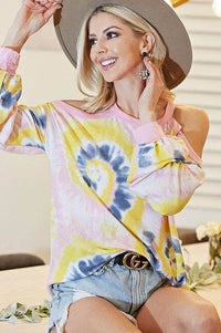 BiBi Tie Dye Print Terry Top with Cold Shoulder Detail - Store 42