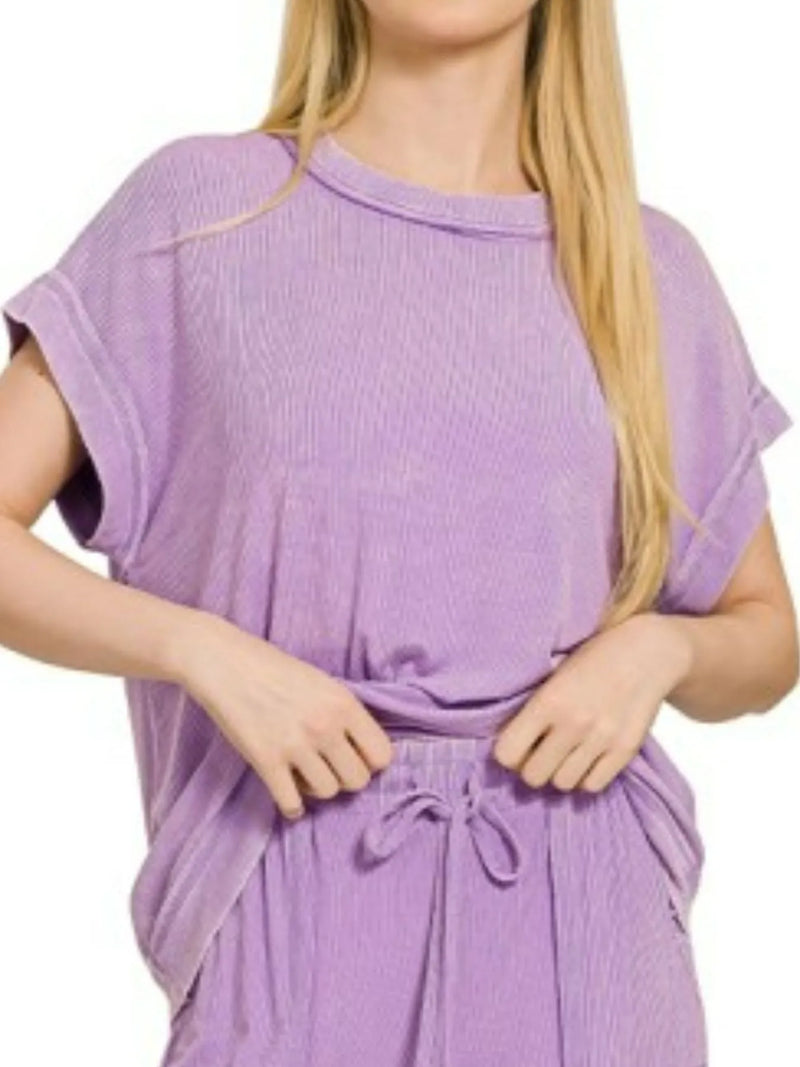 Lavender Ribbed Acid Wash Two-Piece Lounge Set with Drawstring Pants and Pockets