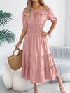 Smocked Off-Shoulder Tiered Dress Dusty Pink