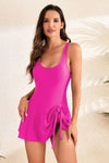 Drawstring Scoop Neck Wide Strap One-Piece Swimwear Hot Pink