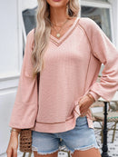 Exposed Seam Ribbed Knit V Neck Top