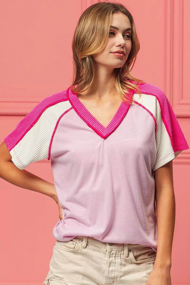BiBi V-Neck Jersey Knit Top With Cord Rib Detailing - Comfortable & Stylish Combo - Store 42