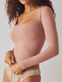 Sleek Square Neck Fitted Long Sleeve T-Shirt - Slightly Stretchy Polyester Blend - Store 42