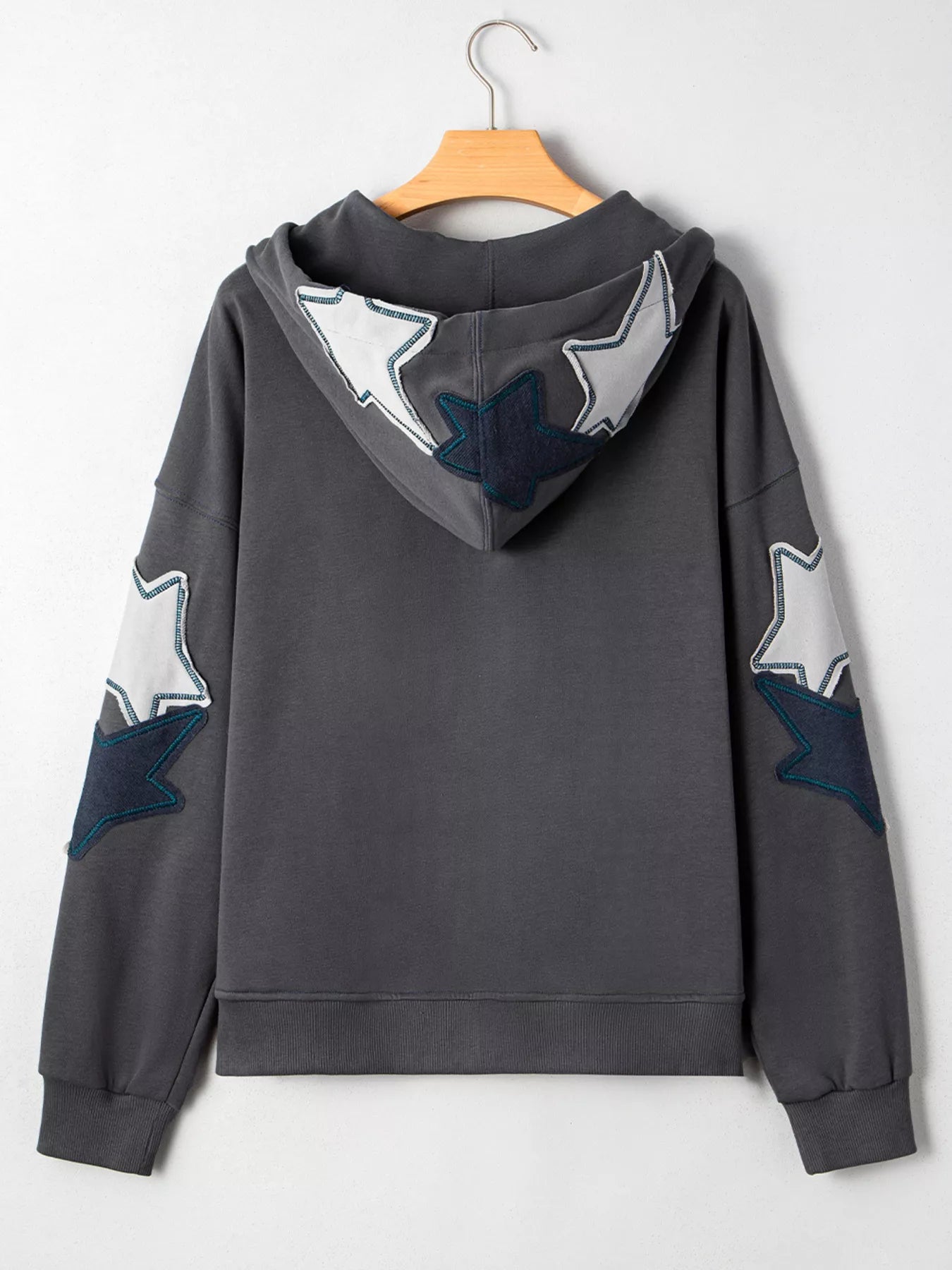 Star Patchwork Contrast Stitching Mineral Wash Kangaroo Pocket Hoodie