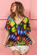 Trendy Tie Dye Print V-Neck Top in Soft Cotton - Chic Jersey Stitched Design - Store 42