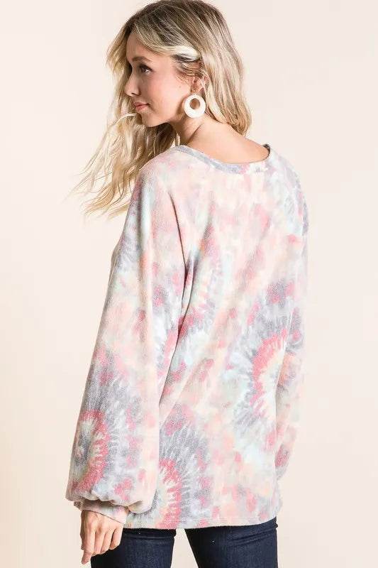 BiBi Pastel Tie Dye Top with Puff Sleeves - Soft Cotton, Relaxed Fit, Casual Chic Style - Store 42
