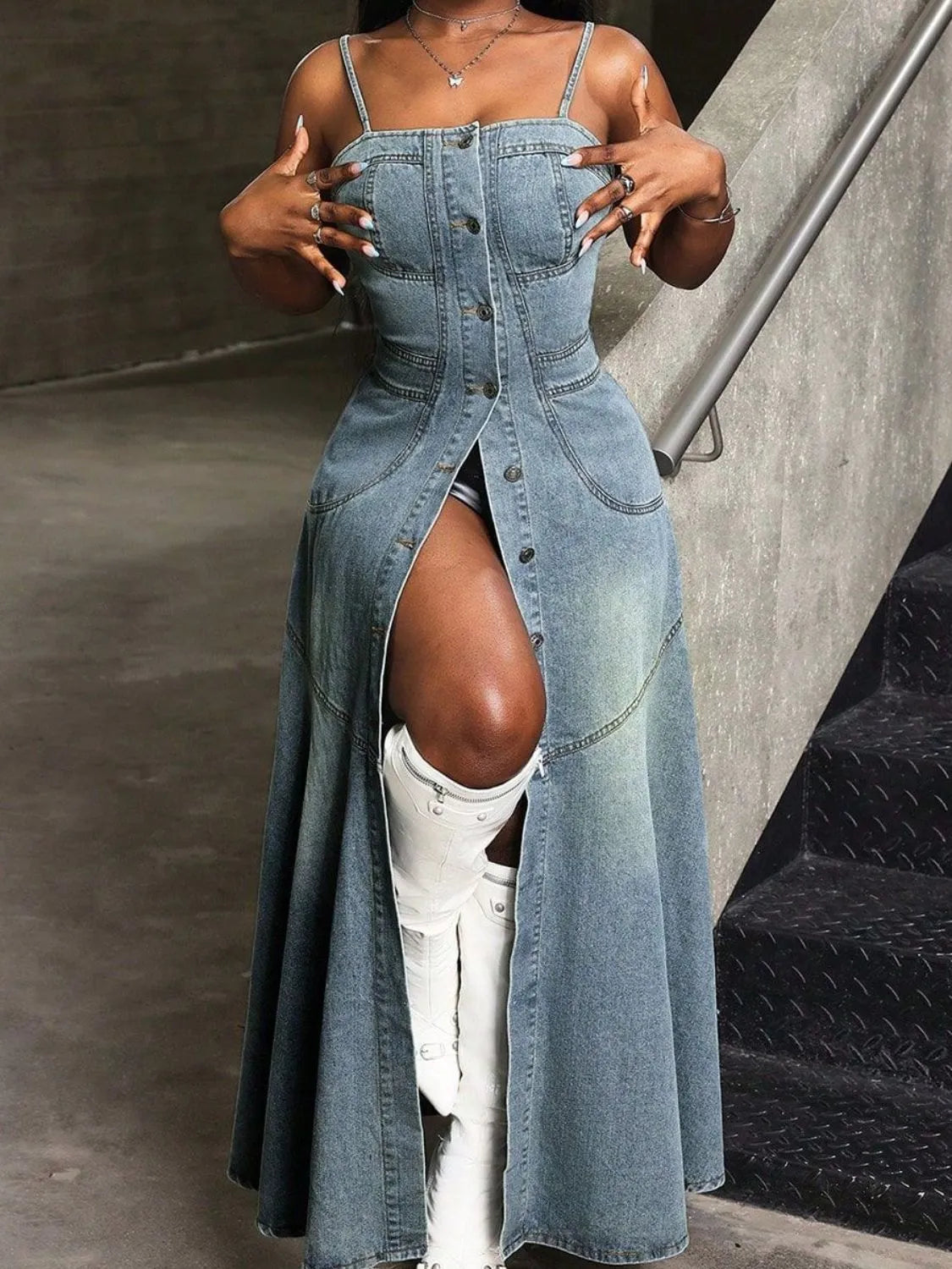 Trendy Smocked Denim Cami Dress with Button Front and Slit - Casual Summer Fashion