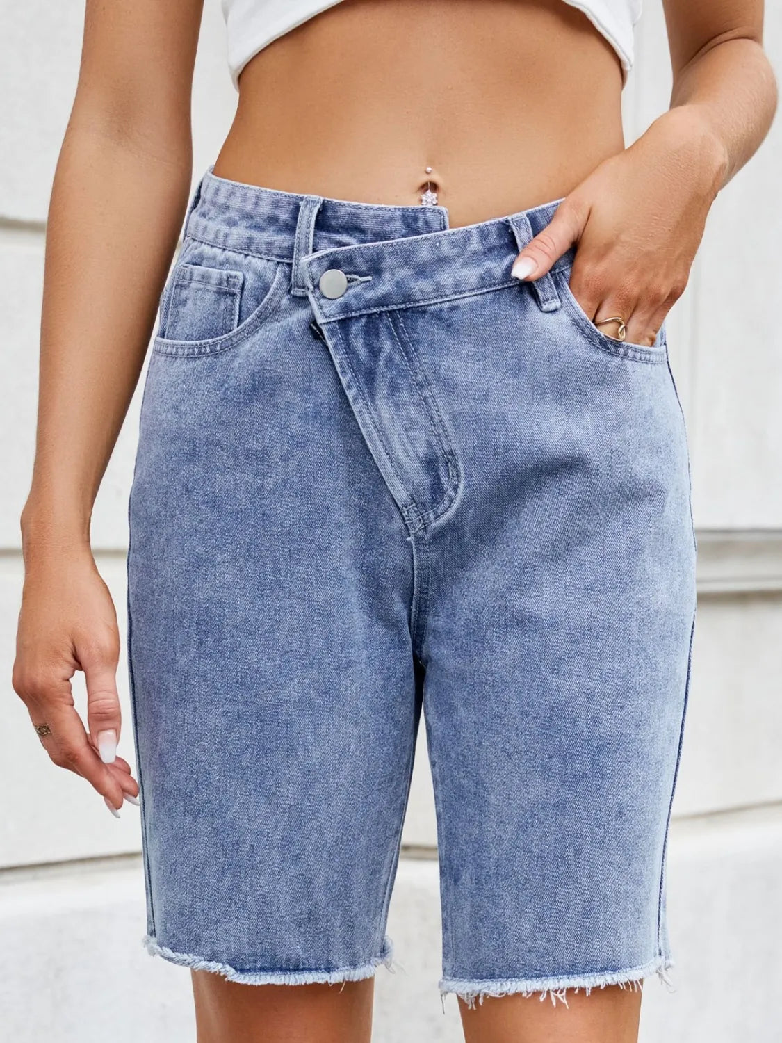 Asymmetrical Pocketed Raw Hem Denim Shorts for Women - 95% Rayon, Trendy Casual Style