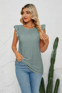 Trendy Smocked Round Neck Eyelet Top with Cap Flutter Sleeves - Casual Long Length Blouse - Store 42